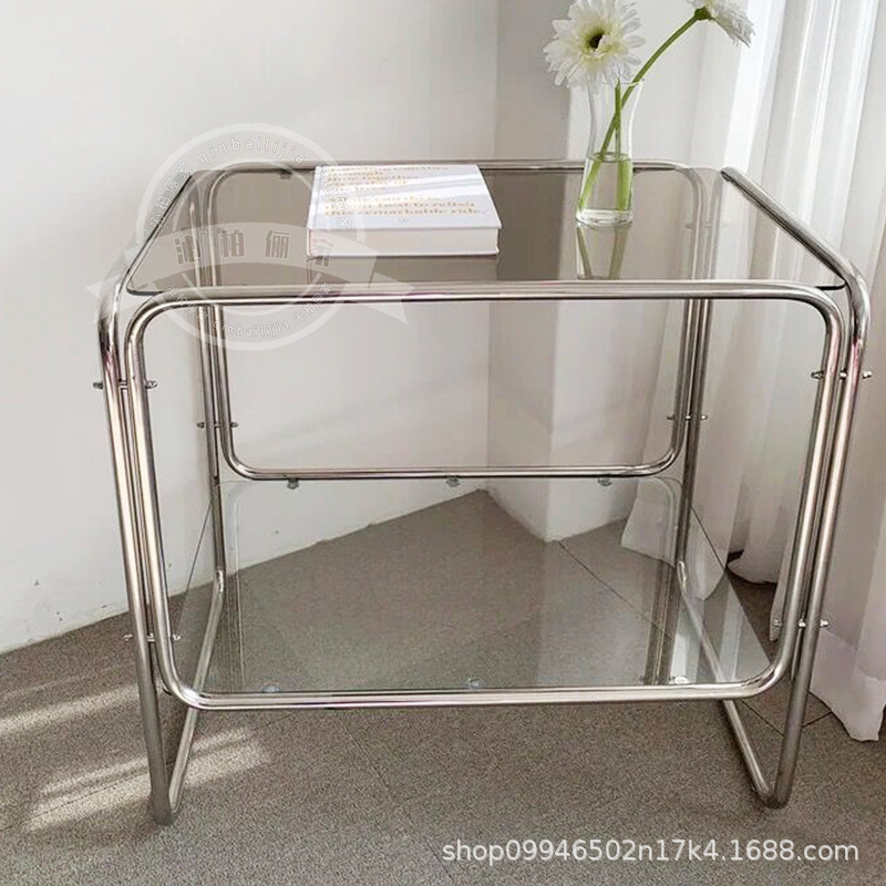 Medieval Stainless Steel Storage Coffee Table Home Bedroom Computer Table Desk Notebook Storage Table Double-layer Organizing Table