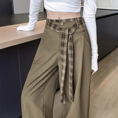 美式复古藏青色工装阔腿裤女2025秋季格子腰带显瘦高腰直筒休闲裤
