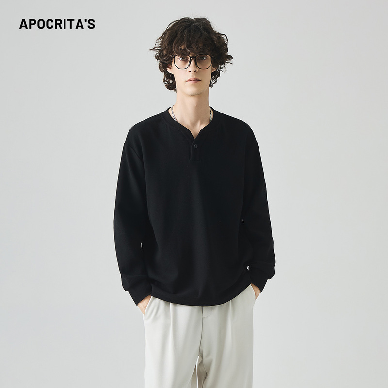 APO男装|跨境皱感肌理感男士长袖T恤高级感宽松V领内搭上衣打底衫|undefined