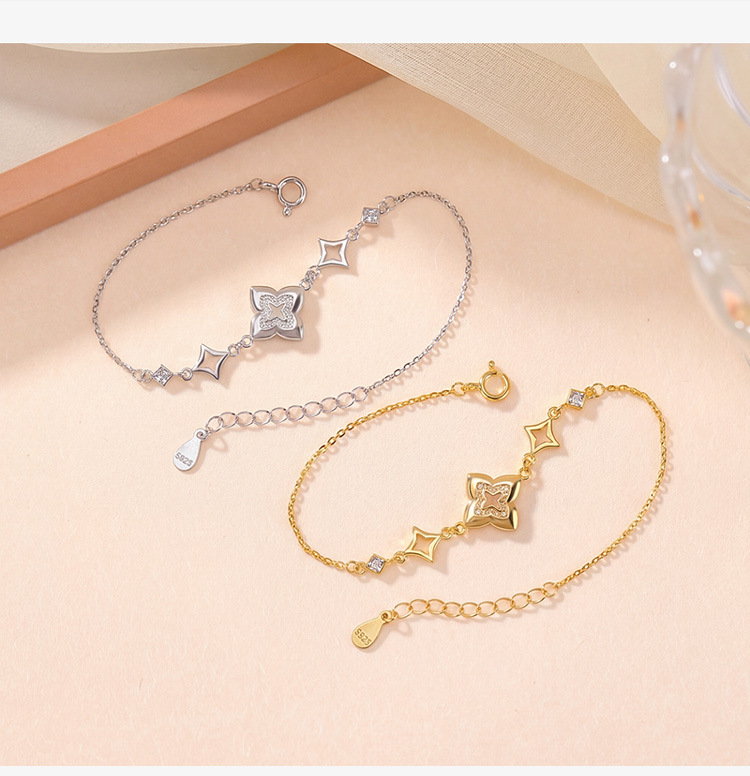 Lắc tay nữ bạc S925 mạ vàng hình cỏ bốn lá nhẹ thời trang — Loại bạc chi tiết 4