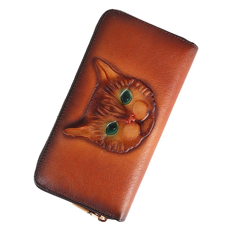 Nueva cartera larga de cuero genuino con diseño de gato en relieve, múltiples ranuras para tarjetas, cierre de cremallera, gran capacidad, bolso de mano para mujer, venta al por mayor.