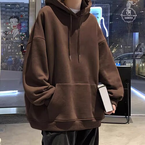 American casual basic style solid color hooded hooded hoodie men's autumn and winter fashion brand velvet loose burgundy top coat