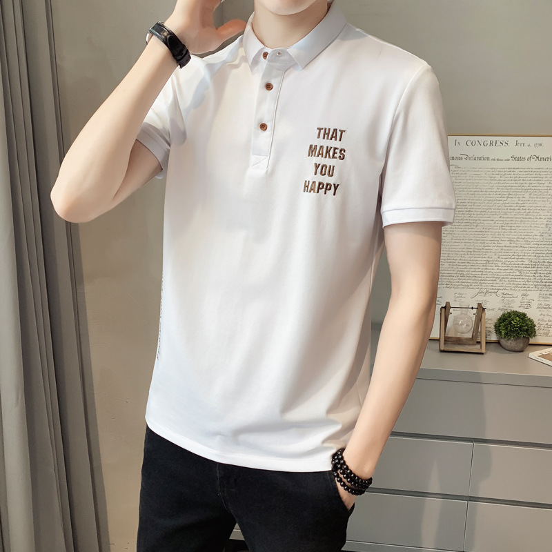 Camisa de Polo de manga corta para hombres verano nueva solapa delgada elástica de punto de moda casual letra impresa top