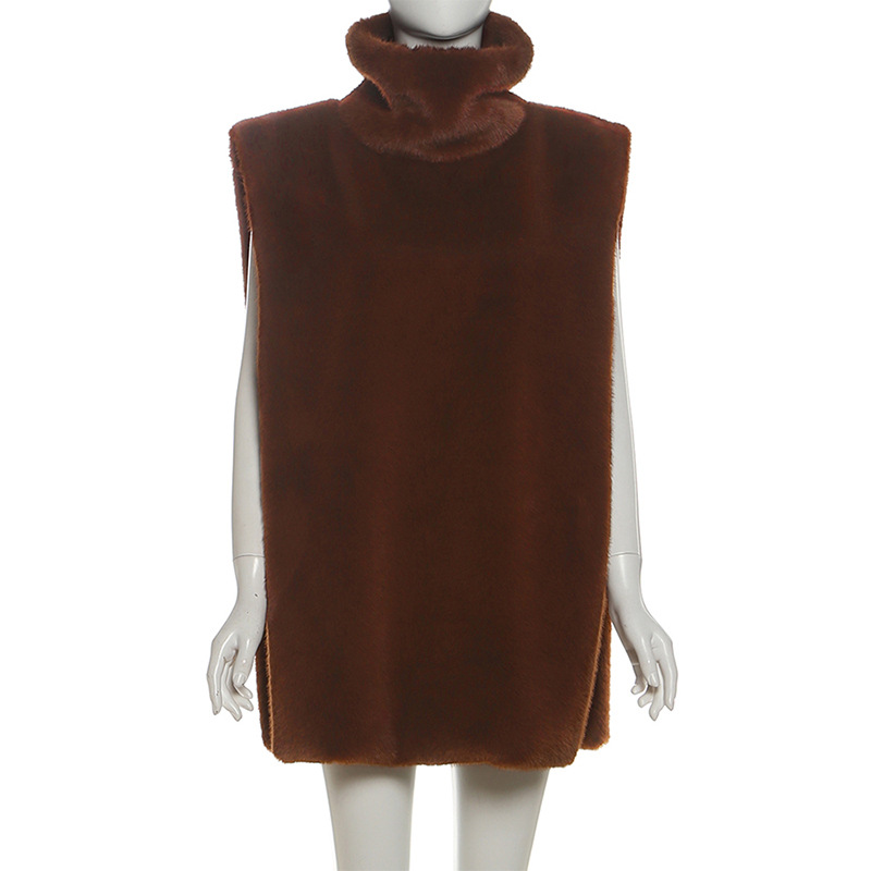 2026 Autumn New Women's Fashion European And American Style Solid Color High Neck Furry Vest Sleeveless Waistcoat Top_ecoleips.com