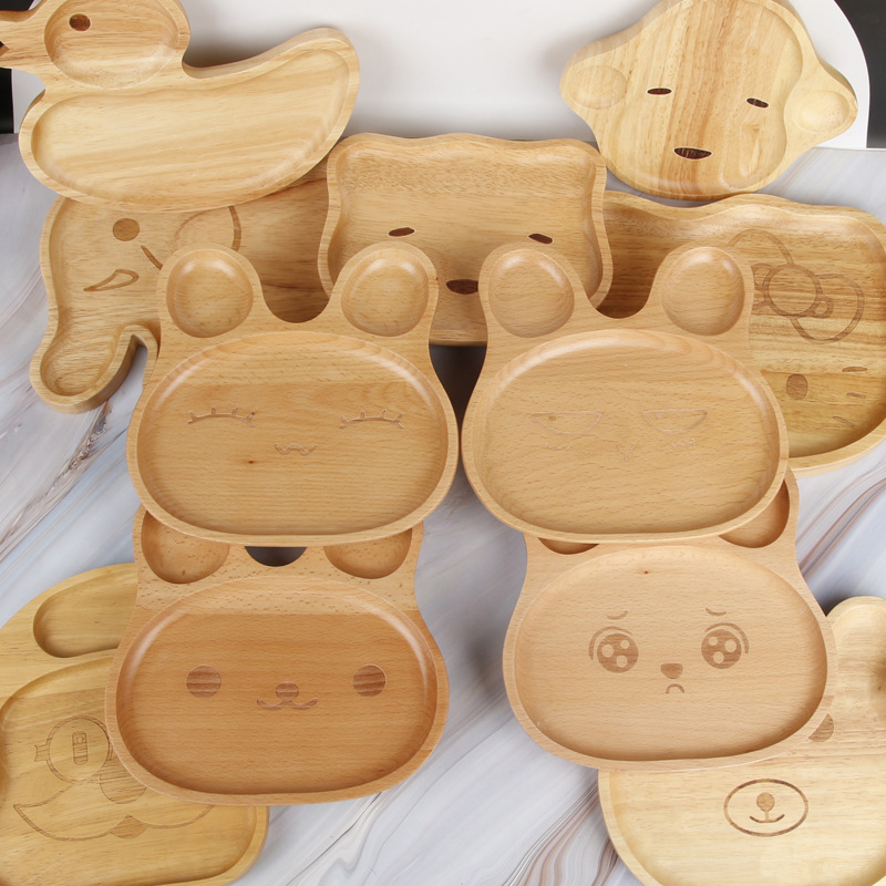 Creative rubber wood children's split plate wooden cartoon cute rabbit tray solid wood snack fruit plate pizza plate
