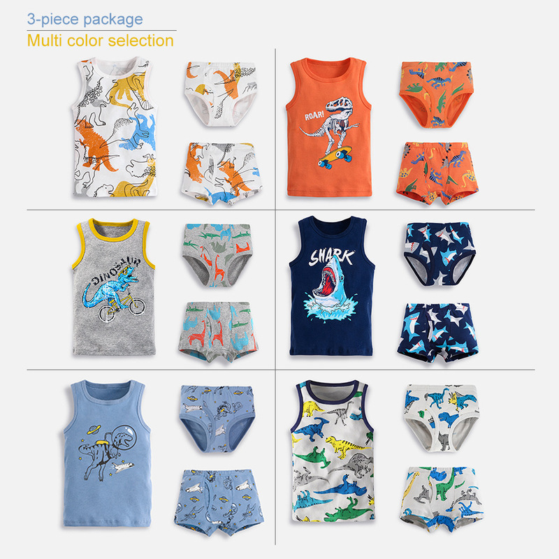 European and American Children's Vest Underwear Set Summer Pure Cotton Thread Boy's I-character Back Baby Boy's Sleeveless Three-piece Pack