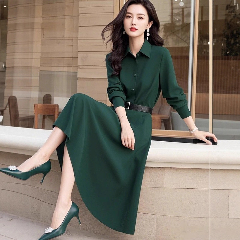 Powerful Aura, Goddess-Like Style, Green Waist-Cinching Dress, 2025 New Spring and Autumn Formal Occasion Shirt Dress