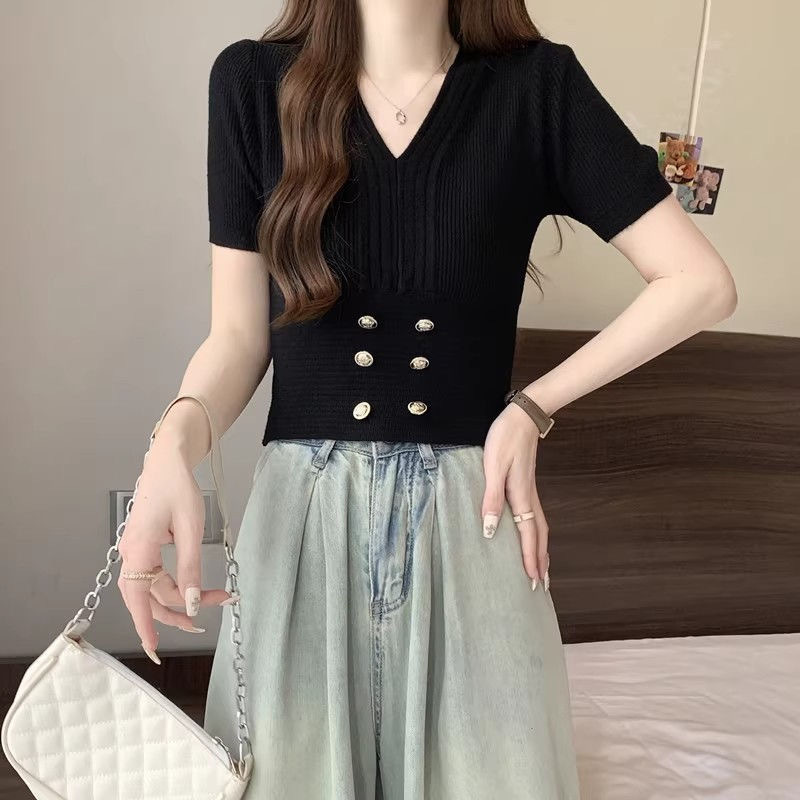 V-Ausschnitt, hohe Taille, kurzärmeliger Damen-Sommer, neuer französischer Stil, kleiner, duftender Wind, Eisseide, gestrickter Pullover_voghion.com