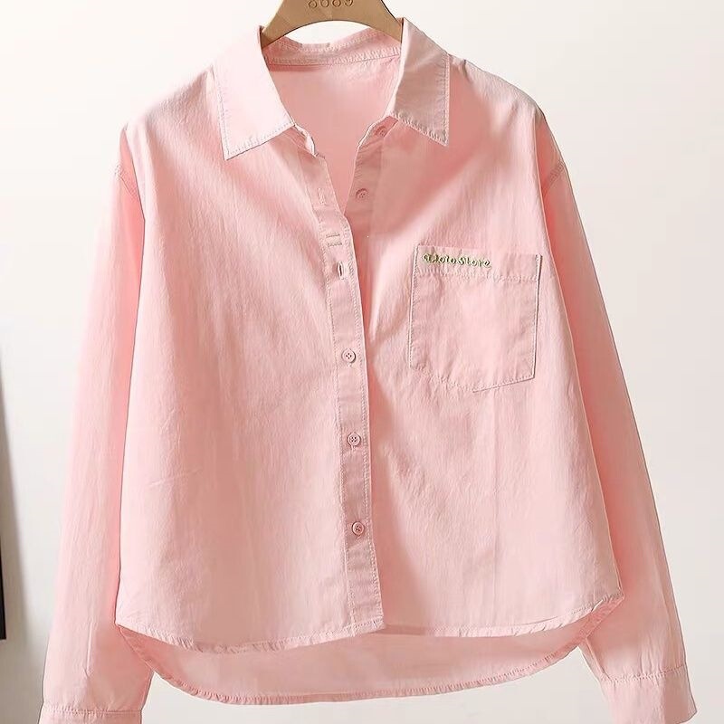 Short cotton shirt for women 2026 fashion embroidered letter pocket loose casual shirt versatile casual top for women