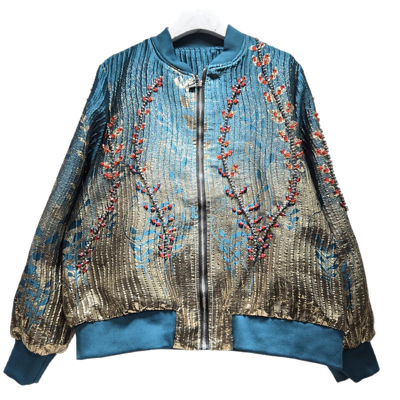 Chaqueta Corta Jacquard Retro para Mujer con Cuentas y Cierre de Cremallera