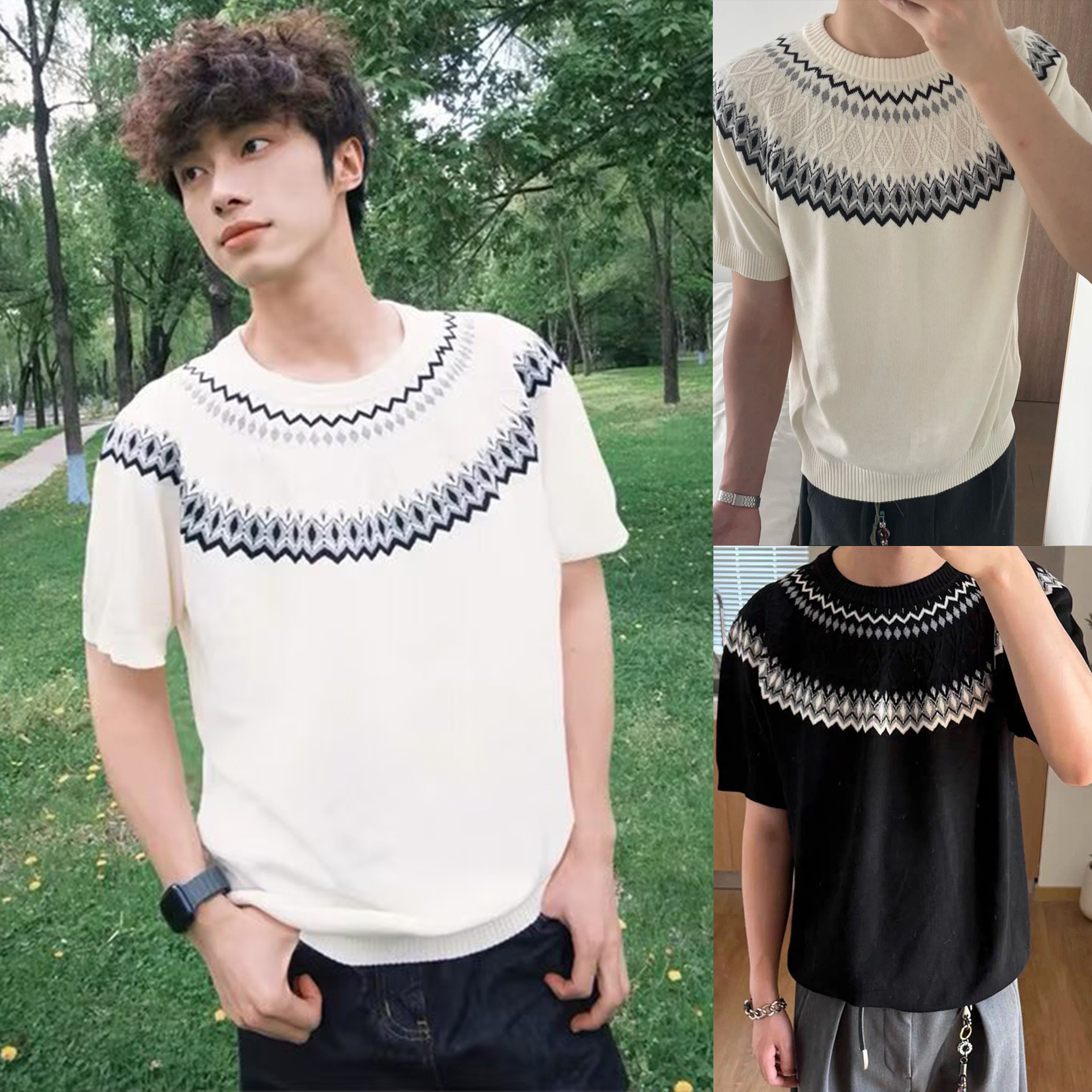 Isla de Fair camiseta de punto de manga corta camiseta de cuello redondo jacquard hombre viejo estilo casual hielo de verano fábrica transfronteriza mayorista