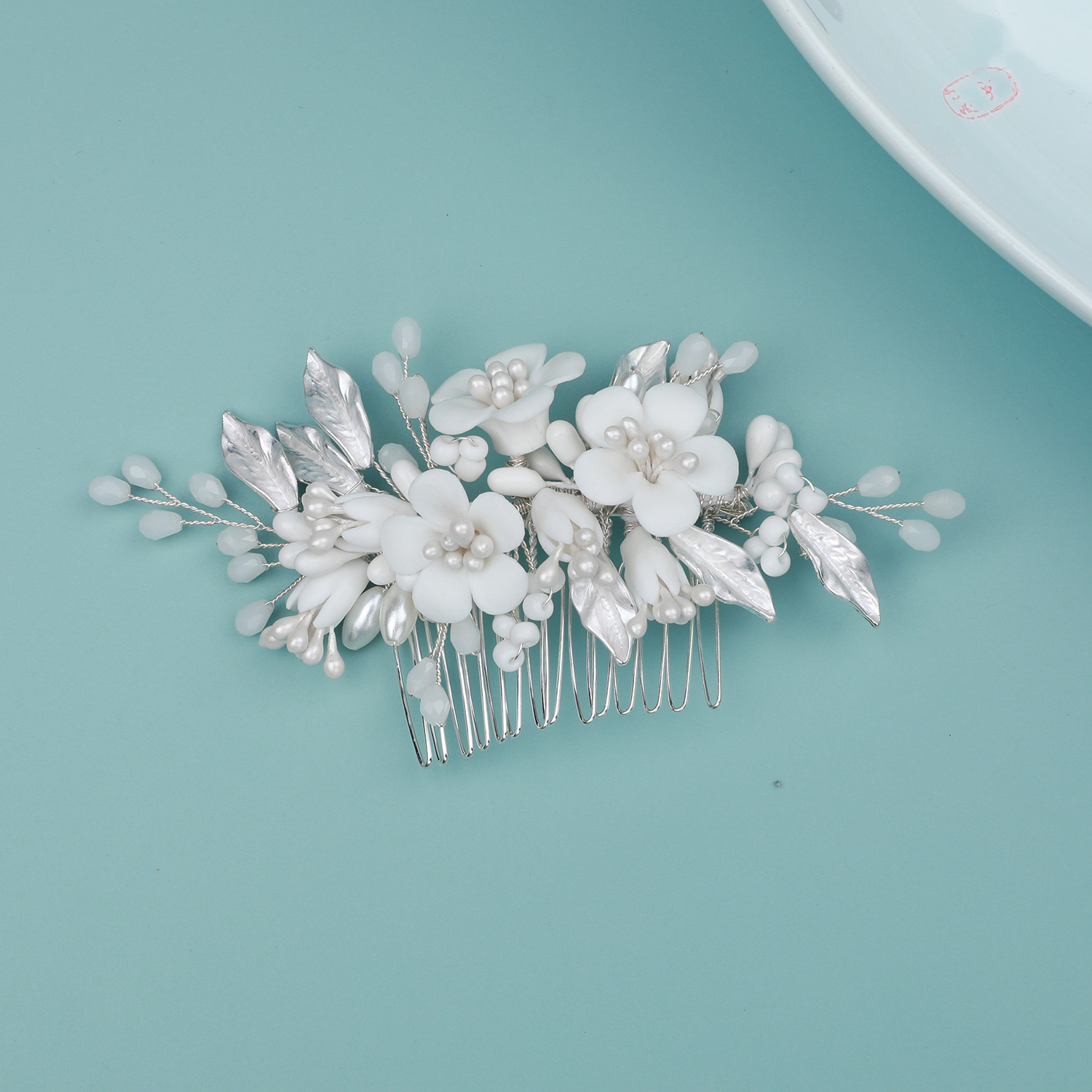 手工製作珍珠陶瓷花朵插梳古風漢服髮飾婚禮寫真新娘頭飾氣質發插