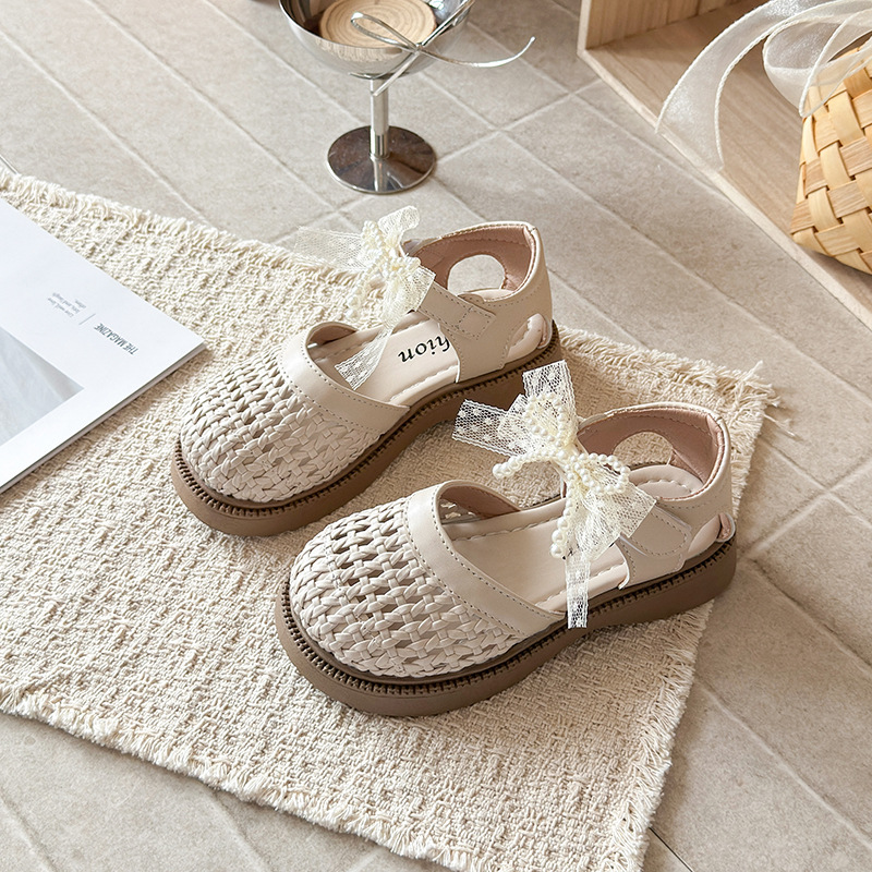 Niñas sandalias de tejido 2026 verano nuevo niño moda suave princesa zapatos de la niña arco hueco zapatos image 7