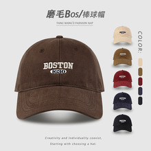 棒球帽新款磨毛BOSTON韩版帽子女大头围深顶显脸小潮牌鸭舌帽男