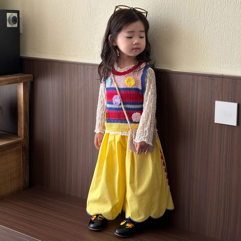 儿童套装秋2025新款甜美女童多巴胺针织背心蕾丝打底衫宝宝阔腿裤|undefined