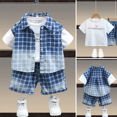 Boys' Striped Denim Three-Piece Set 2023 Summer New Children's Stylish Trendy Outfit Baby Charming Clothes