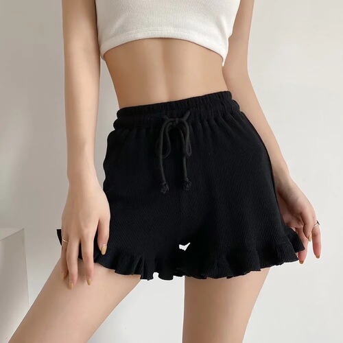 European and American style summer elastic waist drawstring ribbed cotton comfortable shorts with ruffled hem, home pants, casual pants