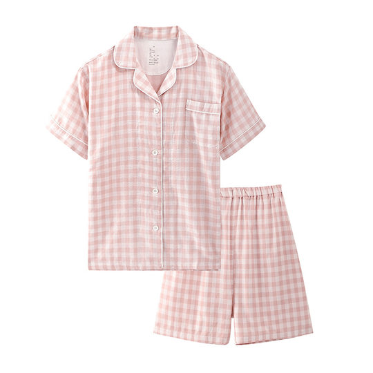 Japanese-style Muji Home Clothes Good Short-sleeved Double-layer Yarn Cotton Suit Short-sleeved Shorts Suit Plaid Couple