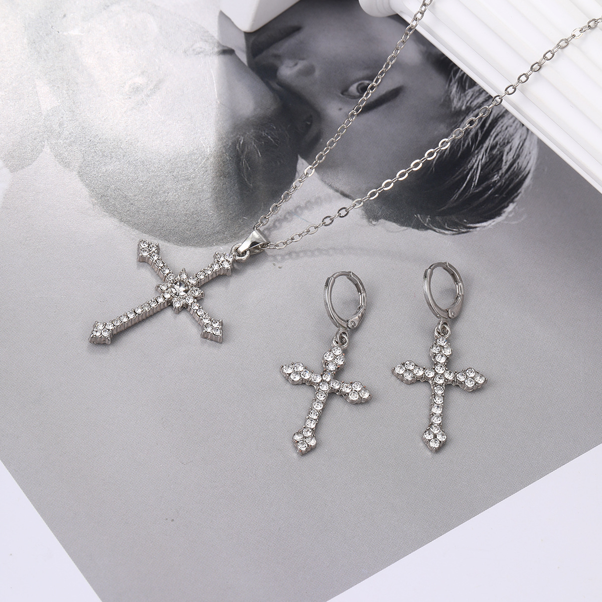 Rhinestone Cross Necklace And Earrings Set Two-piece Jewellery_voghion.com