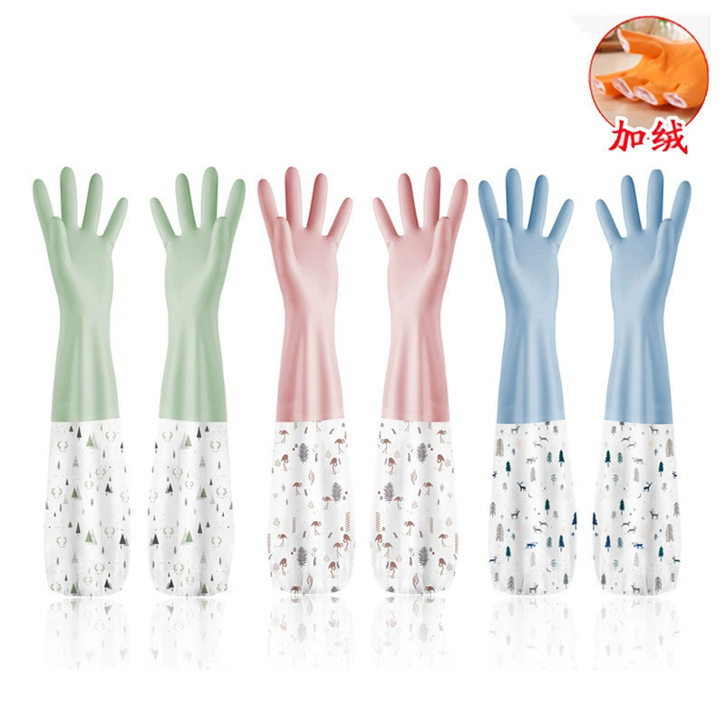 [Plus Velvet Drawstring] Перчатки для домашних дел, утолщенные кухонные перчатки, латексная стирка посуды, резиновые для стирки одежды, клеевые
