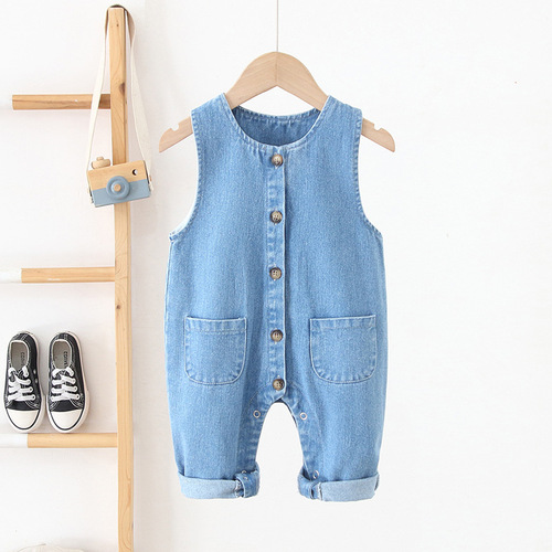 Hot Selling 2024 New Children's Overalls Korean Version 0-3 Years Old Baby Soft Denim Western Style One-piece Hidden Buckle Overalls