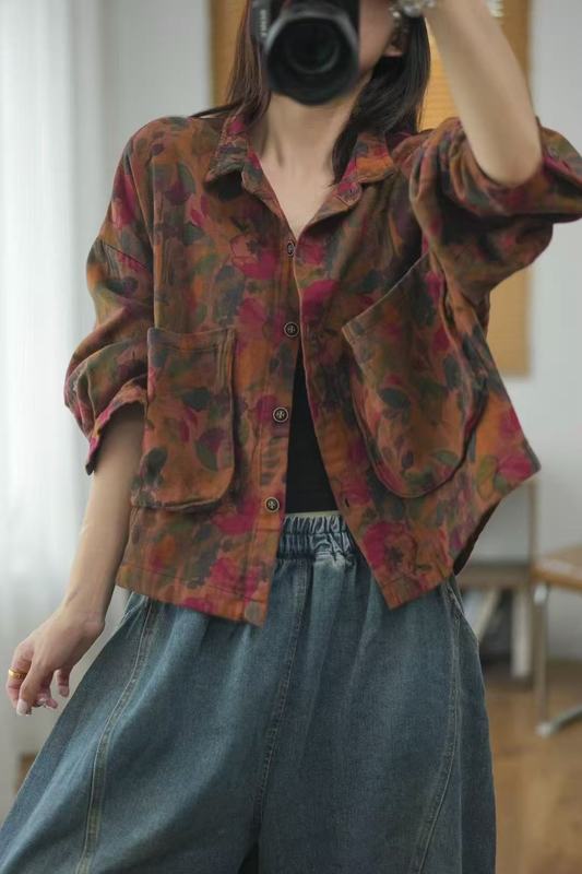 2025秋韩版宽松复古双纱印花立体口袋翻领外套百搭休闲上衣女8331|undefined