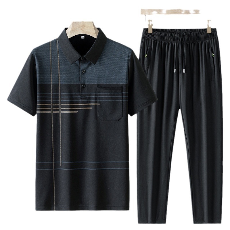 Papá, ropa de verano de hielo, traje deportivo de hombre, pantalones largos de manga corta de verano, ropa deportiva casual de hombre, dos piezas de mediana edad.