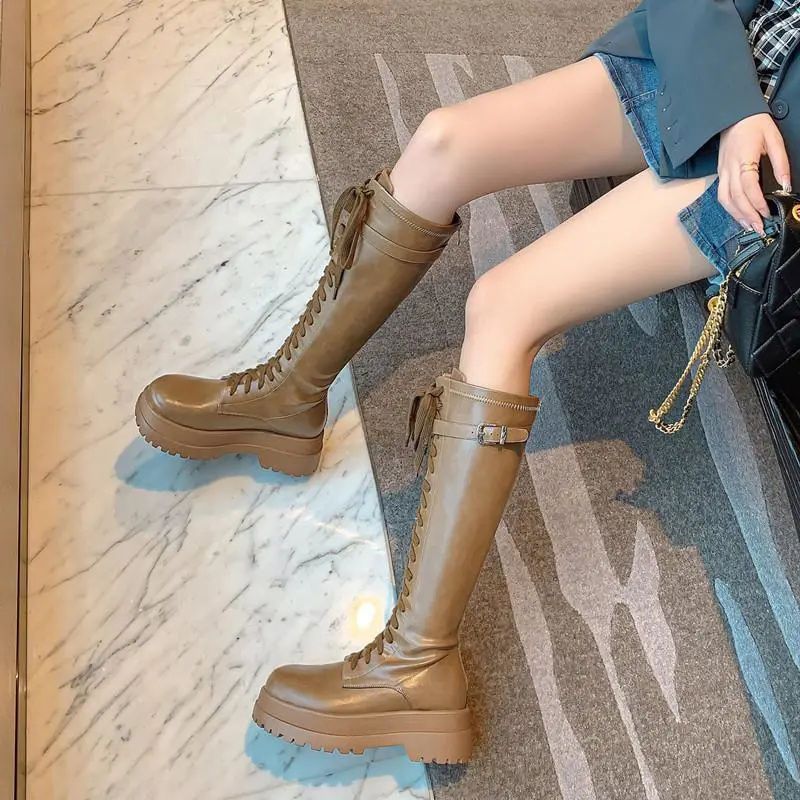Autumn high boots platform with shoelaces heels made of soft leather