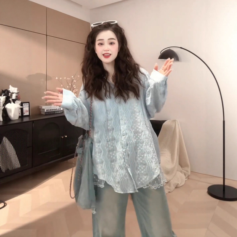 慵懒风蓝色钩花镂空连帽衬衫上衣女2025春夏独特别致长袖防晒开衫|undefined