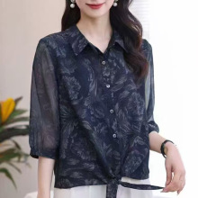 2025夏装新款真丝衬衫印花宽松遮肚上衣妈妈气质小衫洋气减龄