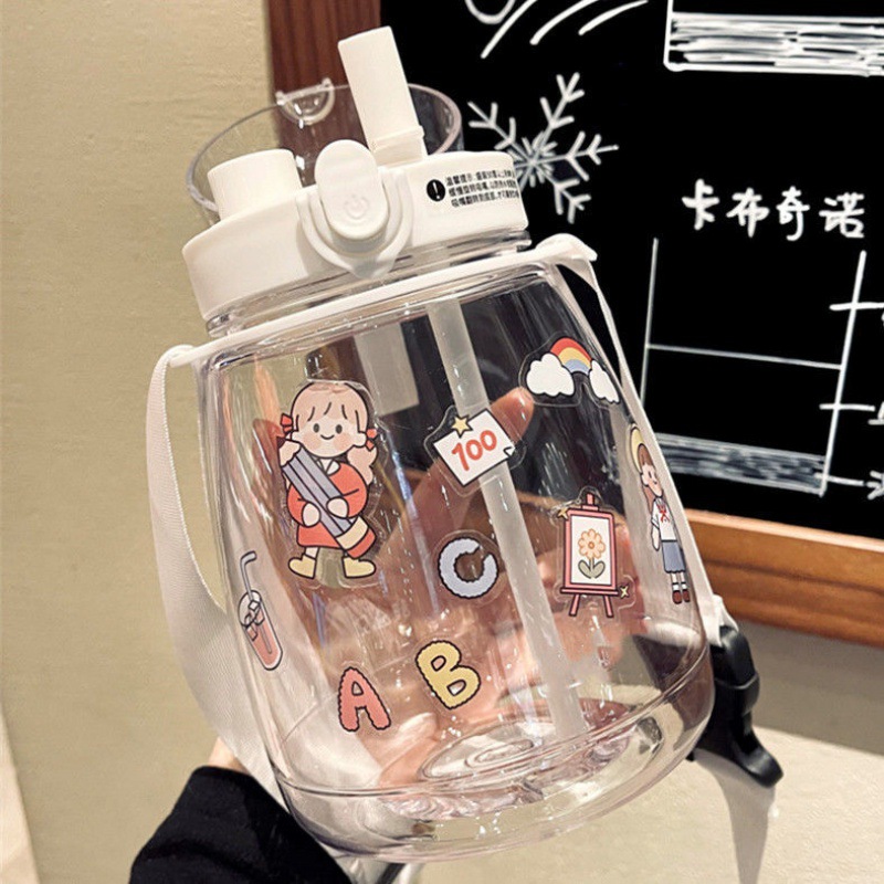 高顏值可愛學生超大容量雙飲帶吸管水瓶水壺塑料水杯子女韓版網紅
