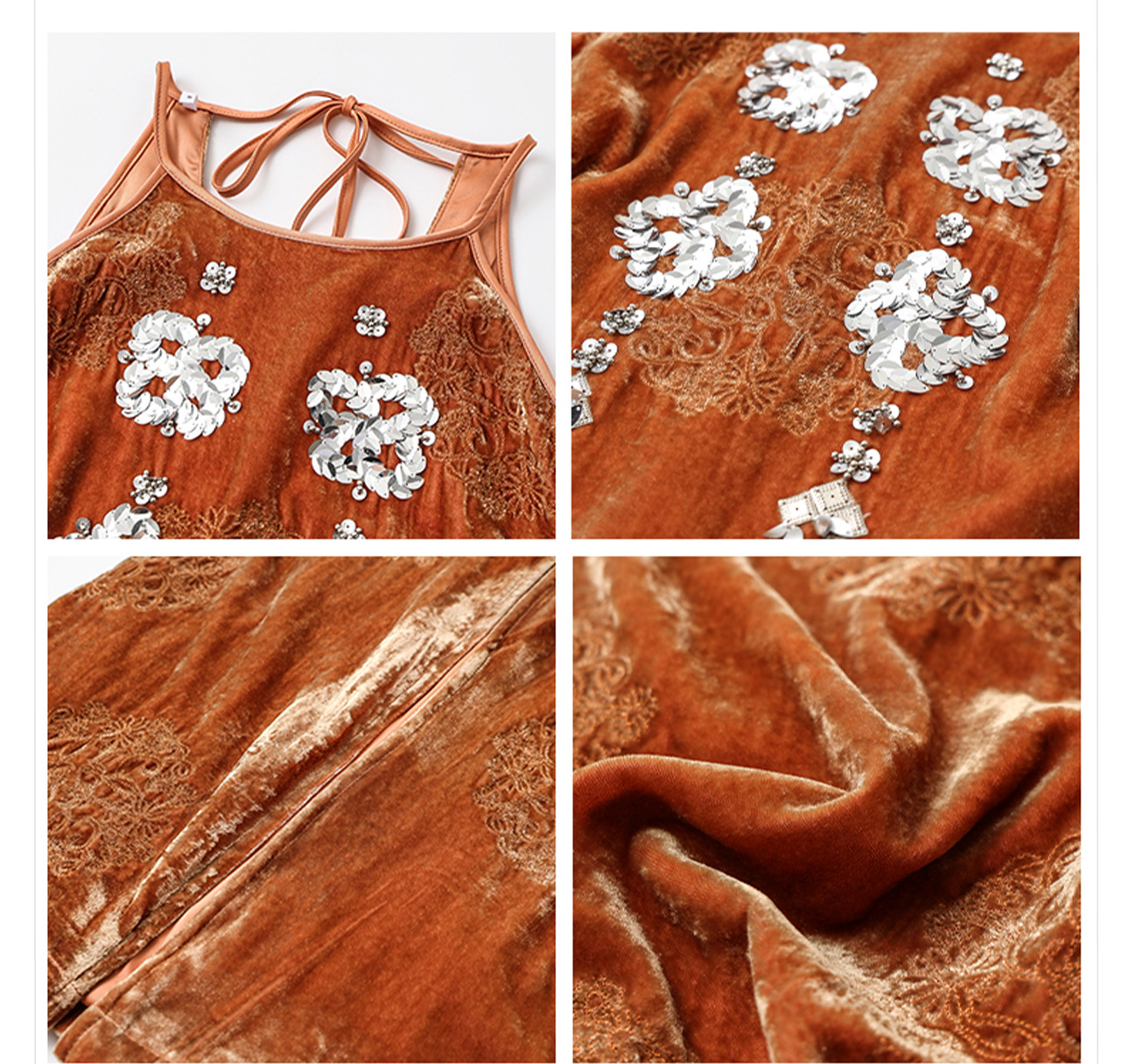 Đầm bodycon dài tay lệch vai cổ yếm chất rayon mềm mại — Màu đỏ cam chi tiết 5