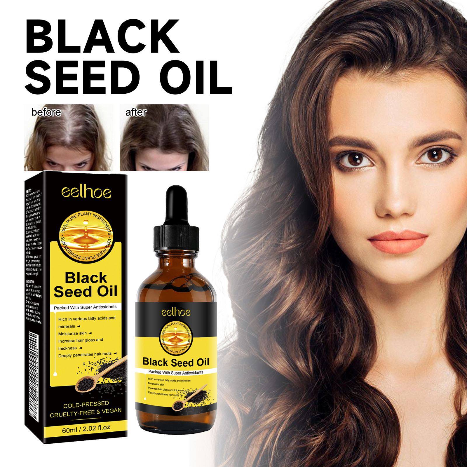 EELHOE Black Seed Oil Essence Förbättrar torrt och frissigt hår, ger näring och reparerar skadat hår, förhindrar håravfall och ger en tät håressens._voghion.com