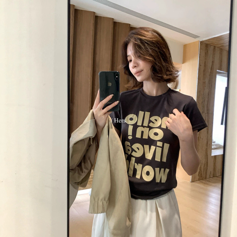 Hers sweet early autumn Korean-style letter print versatile slim-fit round-neck short-sleeve T-shirt for women 66825 Hers sweet early autumn Korean-style letter print versatile slim-fit round-neck short-sleeve T-shirt for women 66825