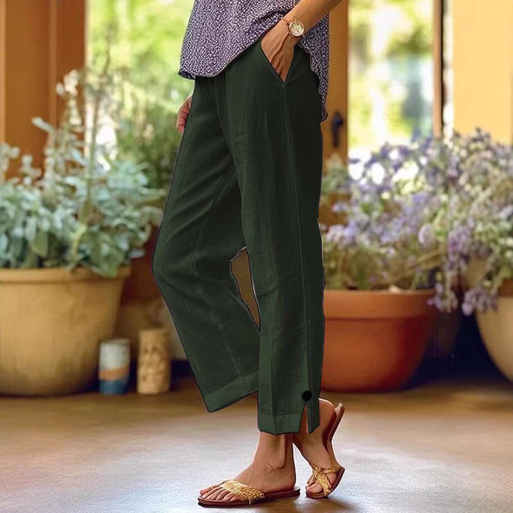 Women's Cotton Linen Casual Pants Loose Fit Straight Leg Elastic Waist Pockets Regular Thickness For Spring/Autumn Summer Wear_voghion.com
