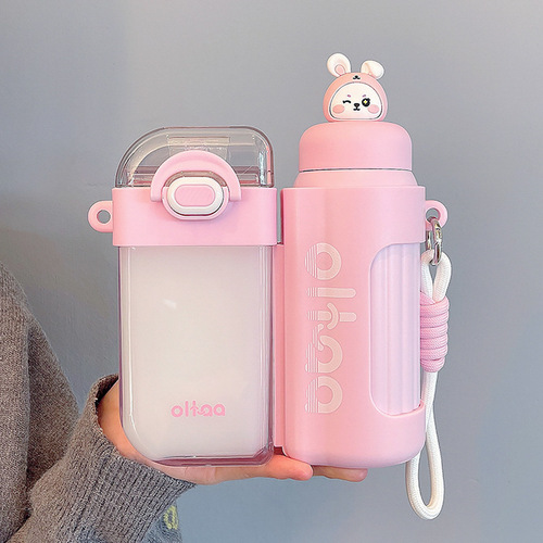 Cute cartoon 316 stainless steel children's thermos cup outdoor portable double warehouse plastic cup large capacity straw cup