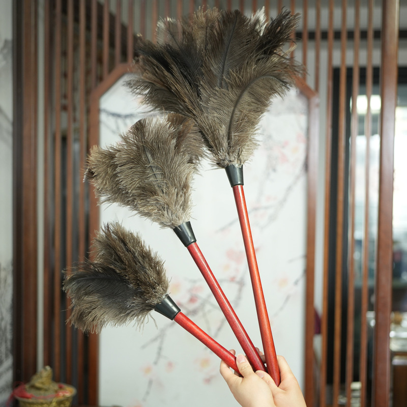 Wholesale Genuine Ostrich Feather Duster with Redwood Handle, Soft Anti-Static Household Dust Removal Tool, Feather Dust Duster