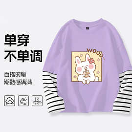 女童长袖T恤婴儿衣服卫衣宝宝打底衫纯棉2025春装新款假两件洋气