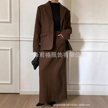2025款亚马逊欧美秋冬新款女款毛呢套装翻领西服气质优雅拖地裙