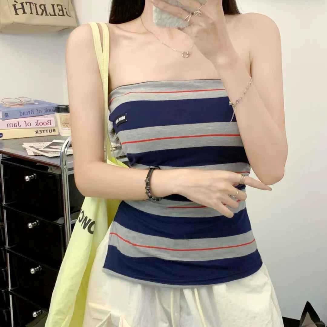 938 Hot Girl контрастный цвет в полоску топ-труба Нескользящее нижнее белье с разрезом на груди Жилет женский с мягкой подкладкой и плиссированной талией внутренняя одежда
