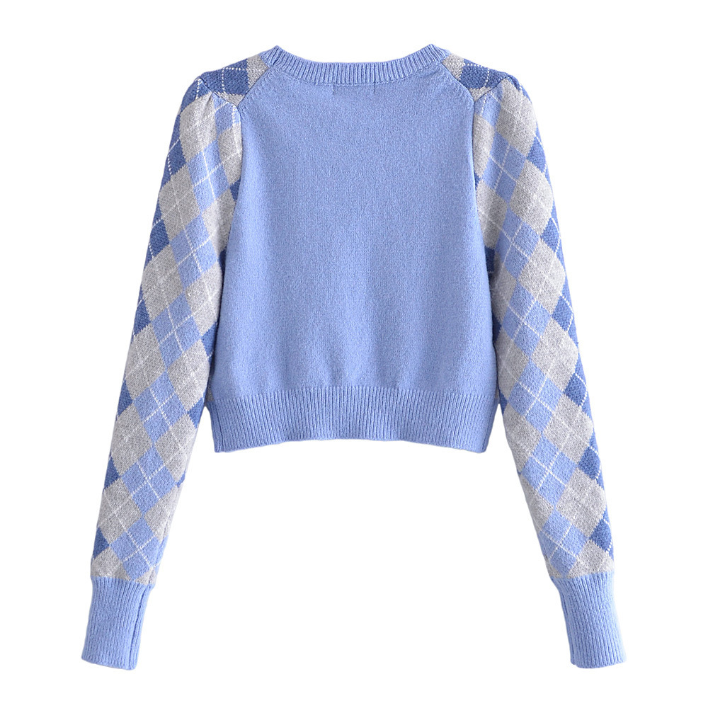 retro knitted Rhombus round neck pullover long-sleeved knitted sweater + high waist short skirt NSZQW138456