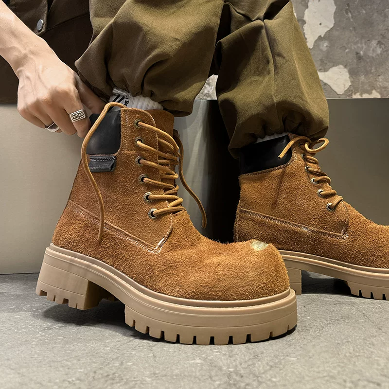 Mid-cut Martin work boots, thick platform sole, height-increasing, men's sizes 36–46