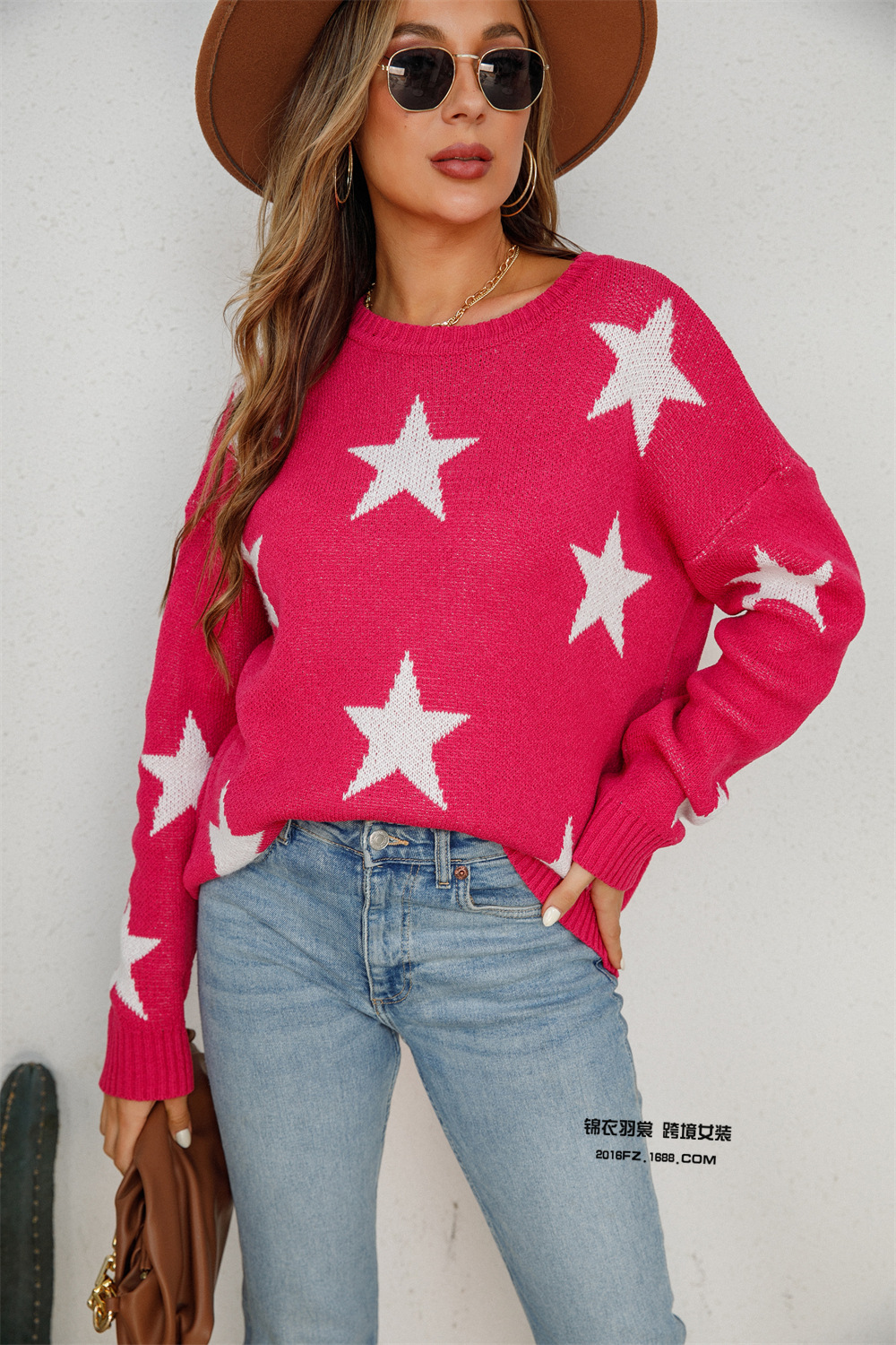 Suéter de Punto con Cuello Redondo para Mujer, Talla Grande, Primavera 2025, Estilo Informal, Estampado de Pentagrama, para Venta Transfronteriza en Amazon