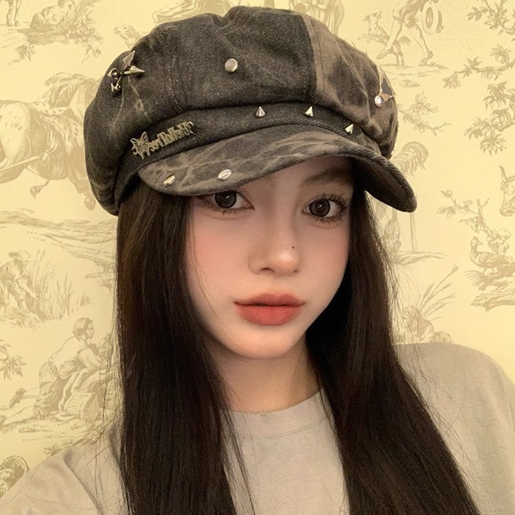 Korejska oprana beretka s zakovicama za žene, proljetna i jesenska nišna svestrana osmerokutna šešira velikog opsega glave, mala kapa s velikim opsegom lica_voghion.com