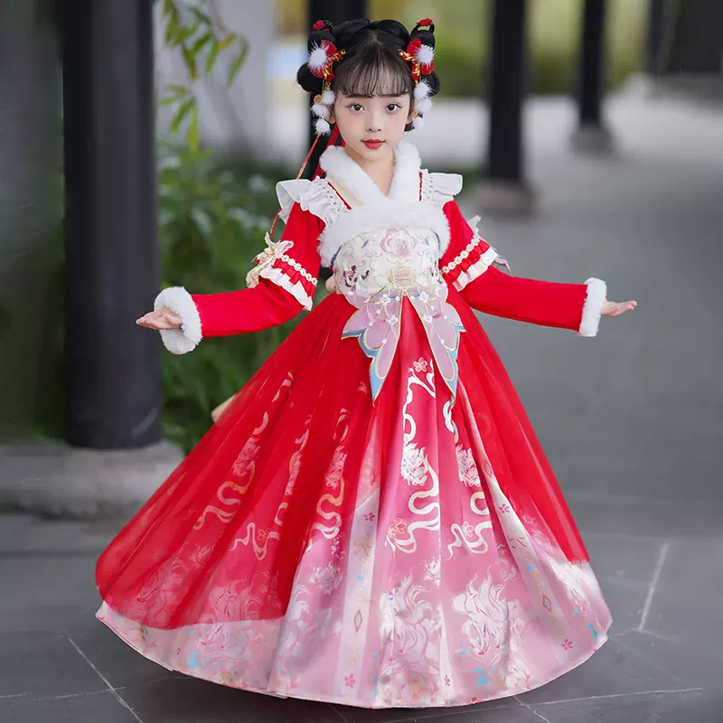 女孩古风裙子汉服2025新款中国风唐装女童冬季儿童古装超仙连衣裙