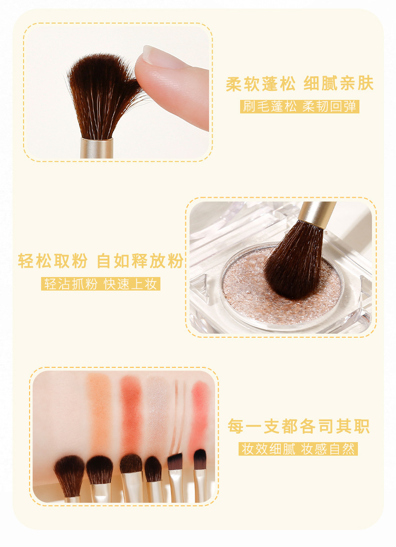 xixi Eye Makeup Brush Six-piece set, eyeshadow brush, lip brush, eyebrow brush complete set, mini portable, super soft, for beginners Item Picture