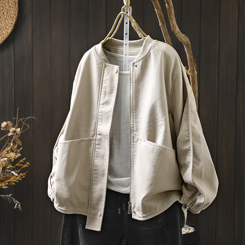 Fashionable Stylish Big Pocket PU Leather Coat Women's Loose Slimming Casual Stylish Baseball Collar Jacket Cardigan Top