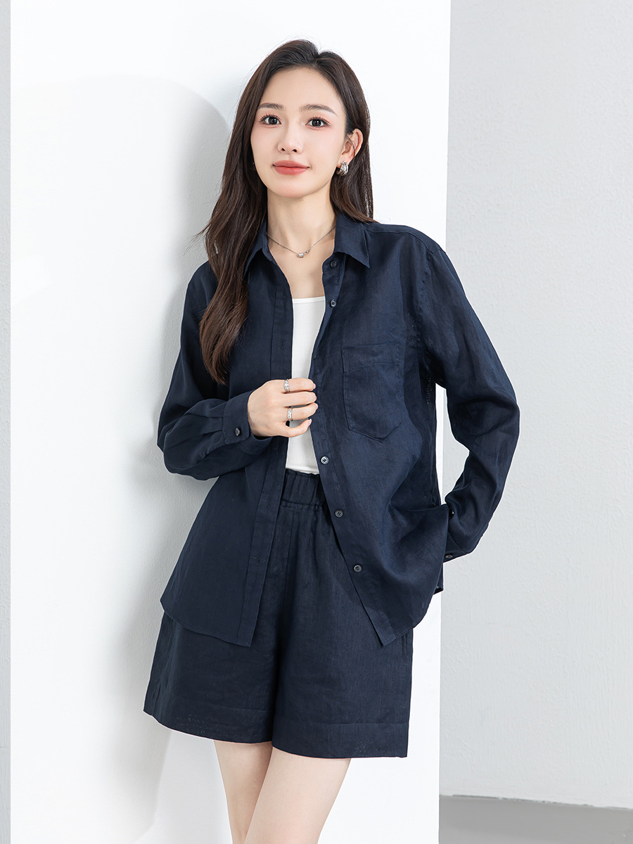 Bộ đồ linen nữ mùa hè áo sơ mi phối quần short dáng rộng — Quần short - 86185 ngày xanh