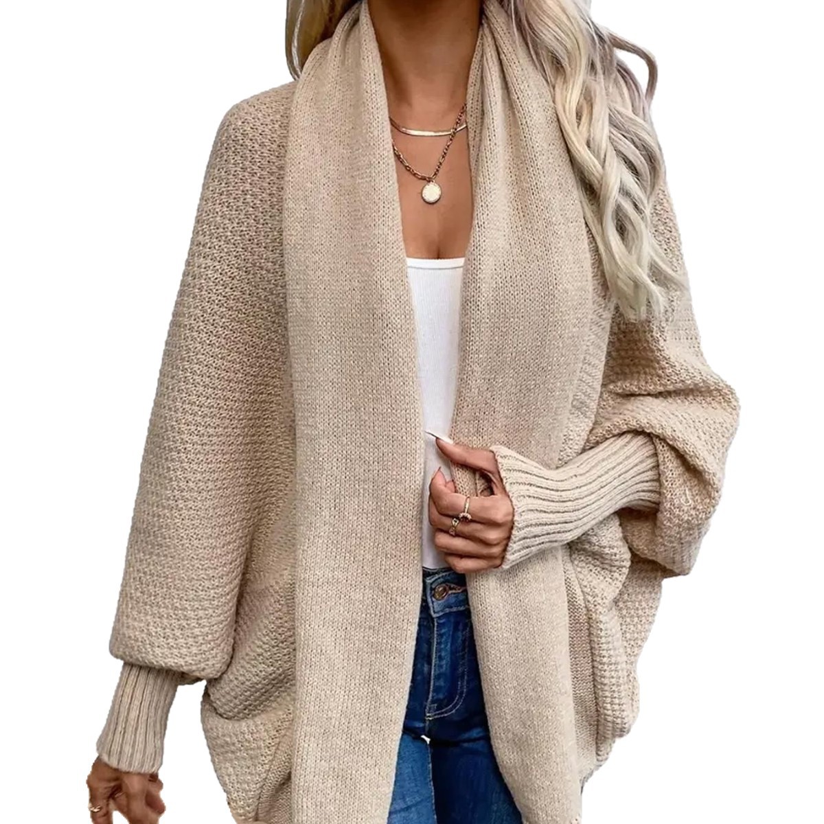 Damen-Strickcardigan in großen Größen – Eleganter, langärmeliger Pullover mit offener Vorderseite, halbhohem Kragen, Polyestergemisch, geeignet für Freizeit und Büro_voghion.com