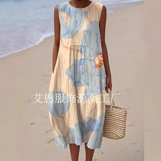 欧美跨境印花女士时尚修身印花长裙印花女士潮流长裙个性数码印